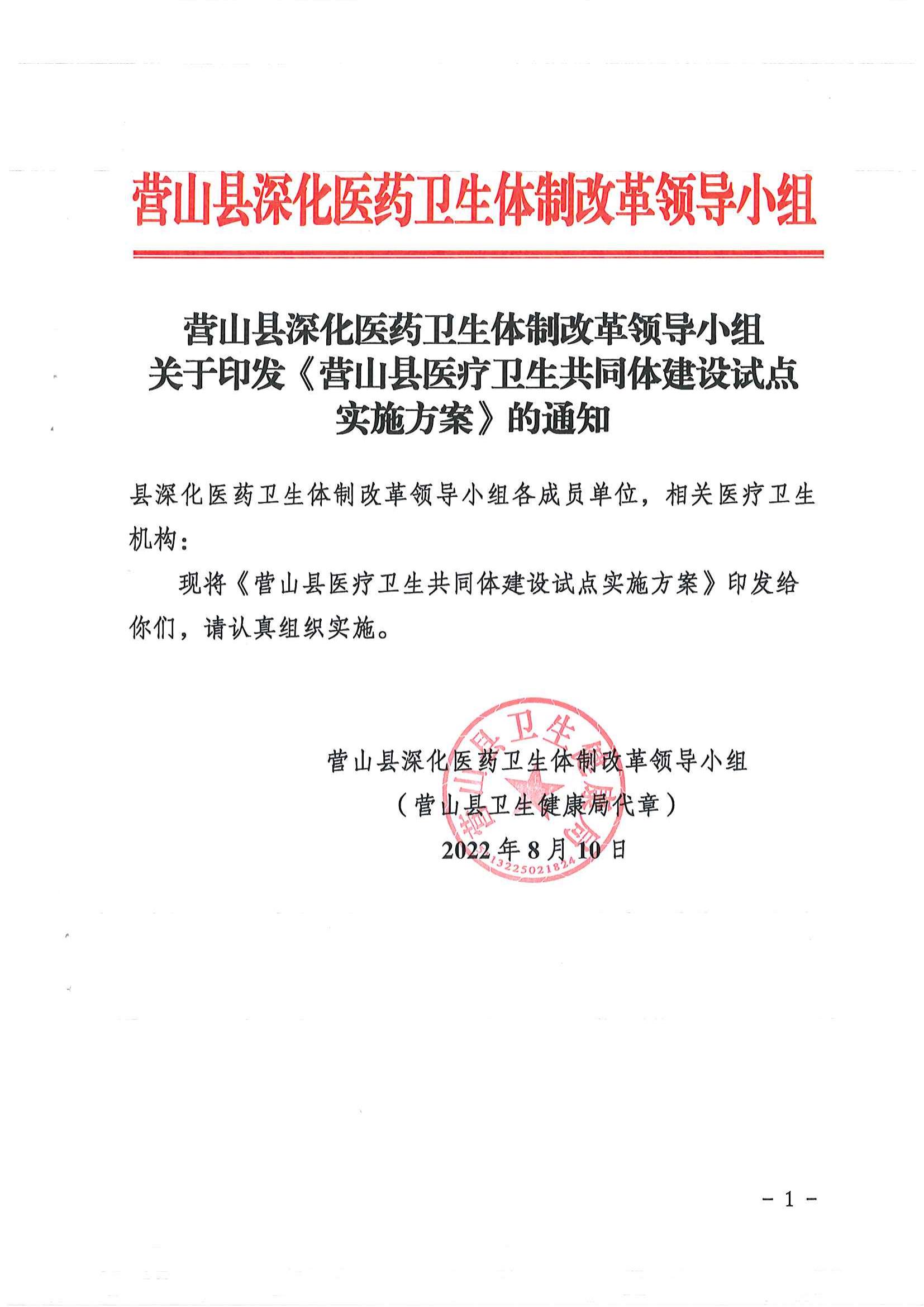 轉發(fā)營山縣深化醫(yī)療衛(wèi)生體制改革領導小組關于印發(fā)《營山縣醫(yī)療衛(wèi)生共同體建設試點實施方案》的通知