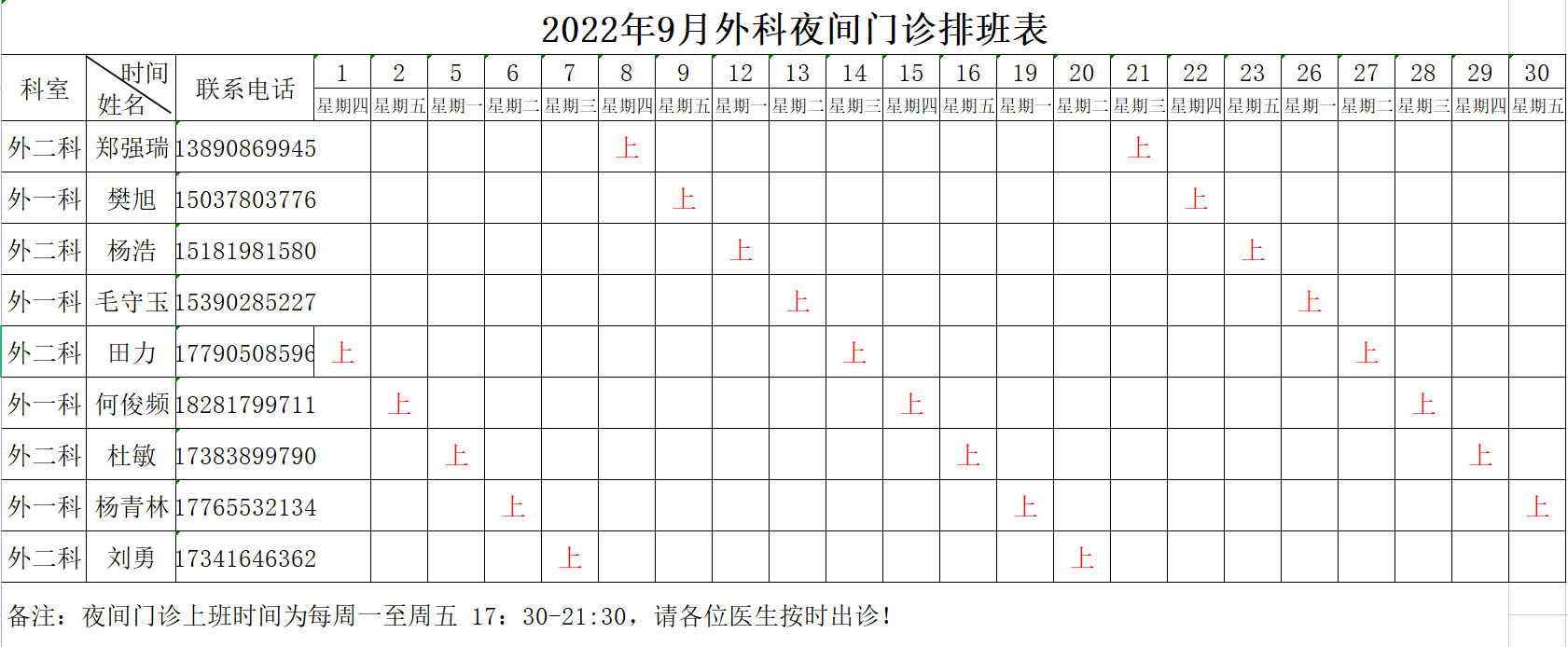 南充市身心醫(yī)院2022年9月外科夜間門診排班表